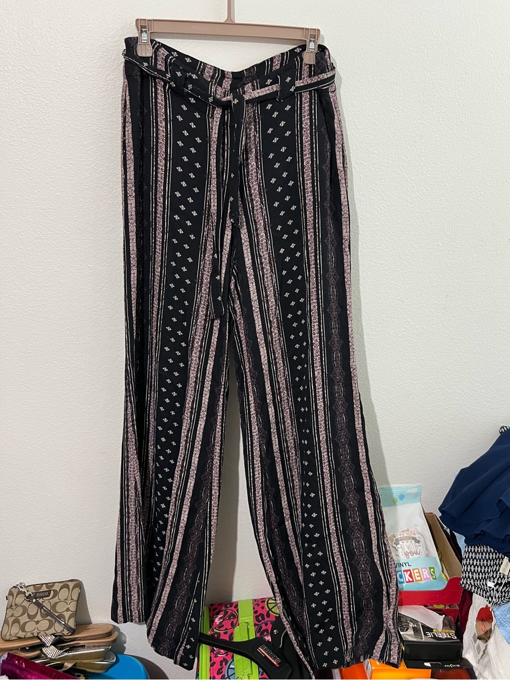 Free People Black & Blush Vertical-Stripe Wide Leg Pants